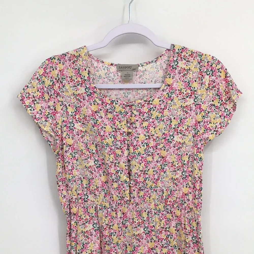 Passport Girls Pink Yellow Green Button Up Elastic Waist Sundress 14